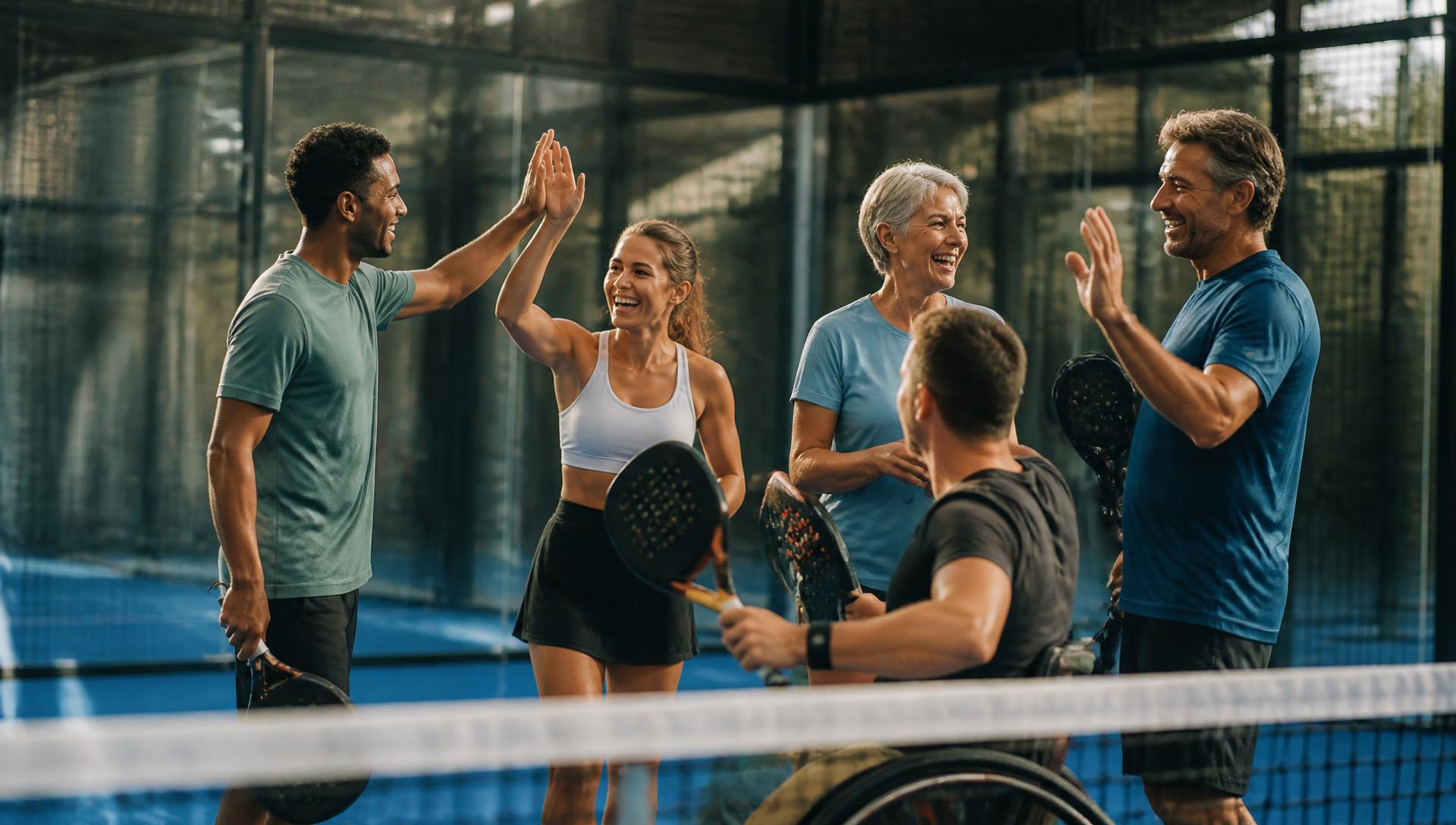 Players of mixed ages and abilities celebrating together on an indoor padel court